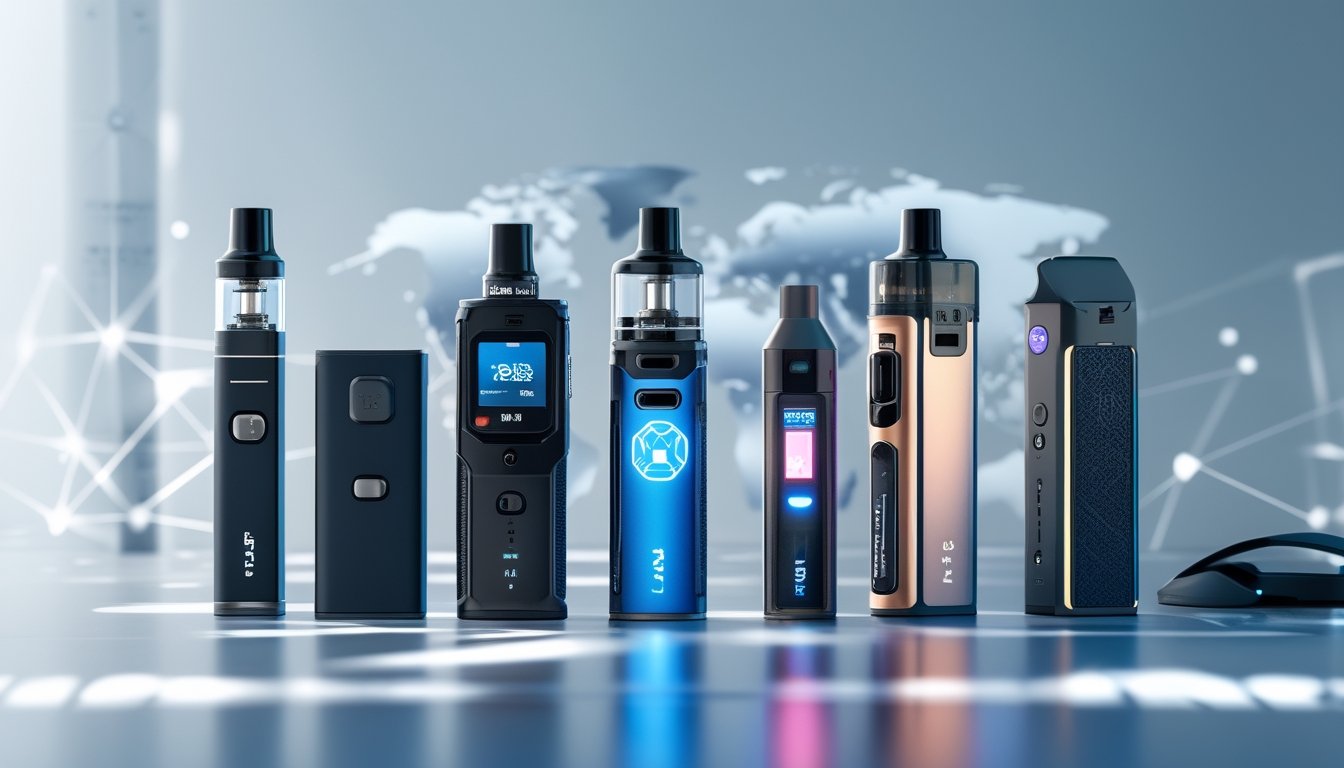 Berbagai jenis perangkat vapor modern yang sedang dipajang di atas meja dengan latar belakang yang menggambarkan konektivitas global.