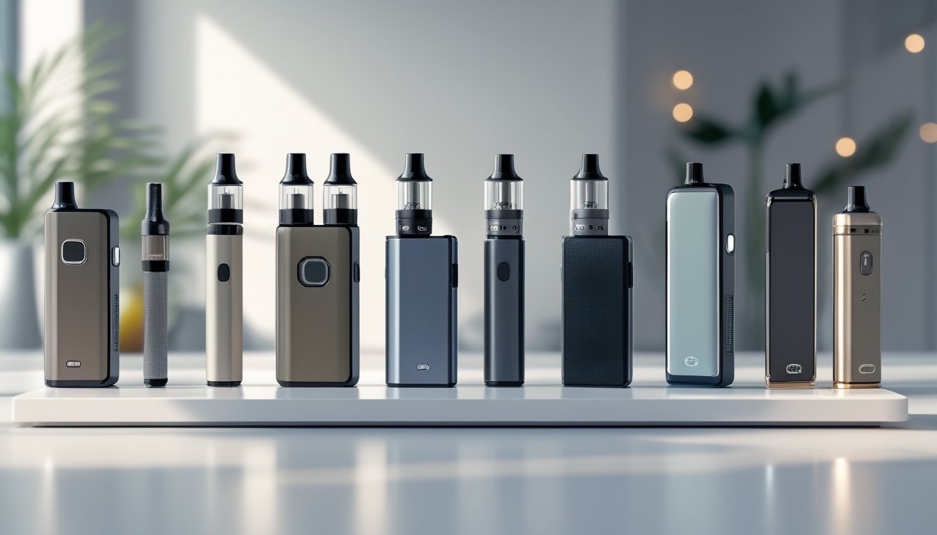 Berbagai jenis perangkat vapor modern yang tersusun rapi di atas meja dengan latar belakang ruangan yang nyaman dan alami.