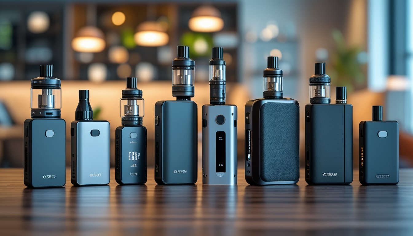 Berbagai jenis perangkat vapor tertata rapi di atas meja kayu dengan latar belakang ruangan modern.