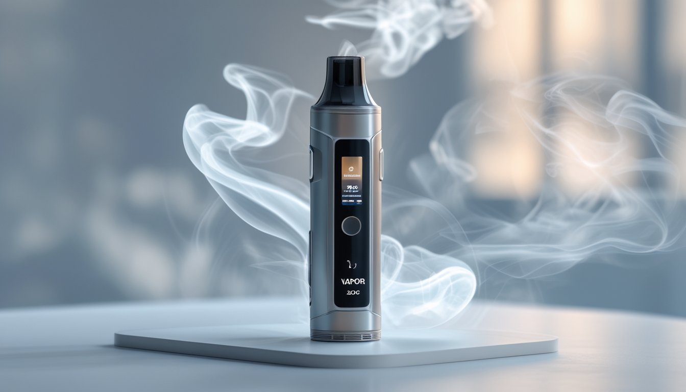 Sebuah perangkat vaporizer modern dengan uap tipis yang keluar, diletakkan di atas permukaan bersih dengan latar belakang buram.