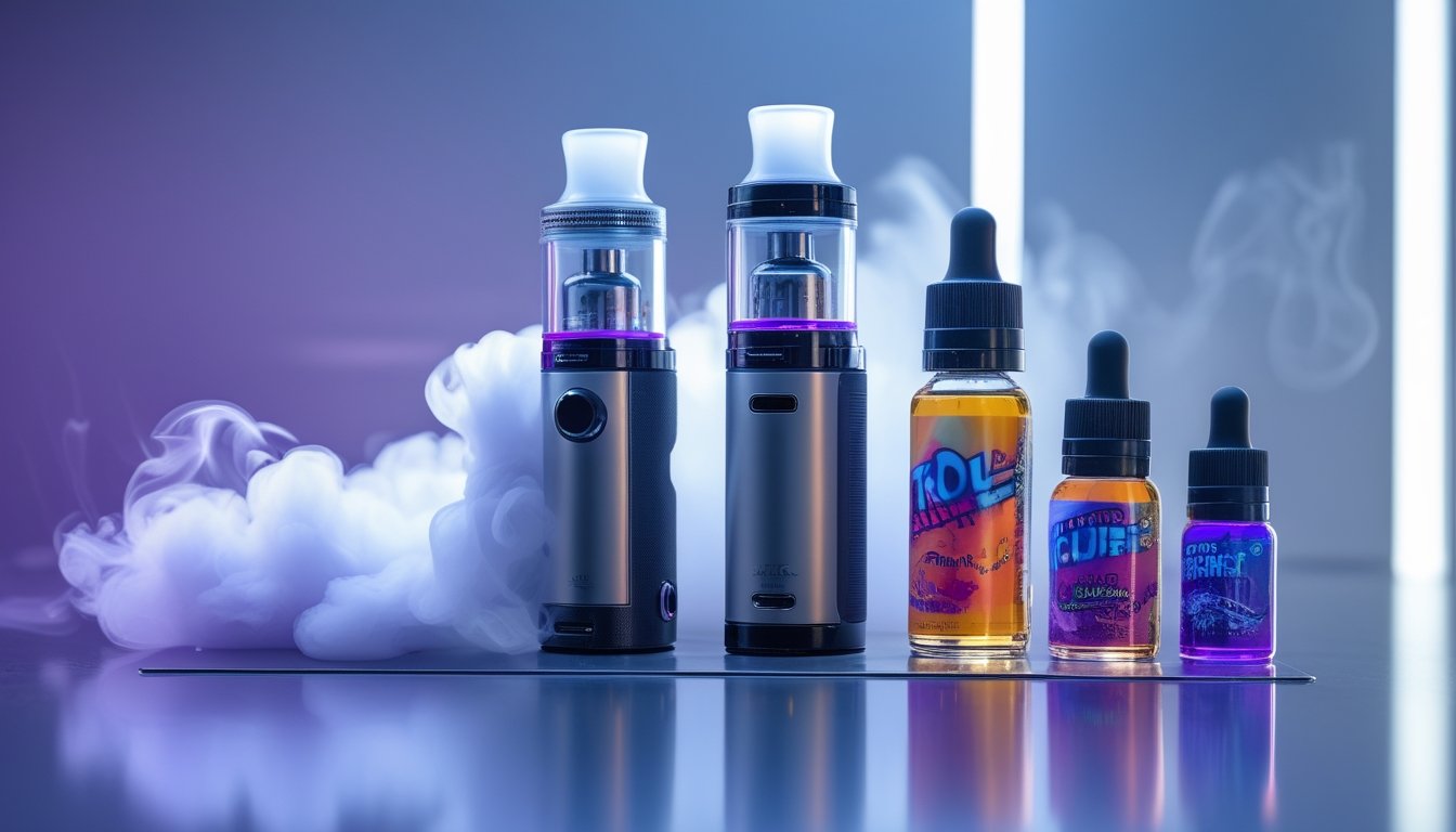 Dua perangkat vape modern berdampingan, satu mengeluarkan awan uap tebal dan satu lagi dikelilingi botol cairan berwarna, dengan latar belakang kabur berwarna biru dan ungu.