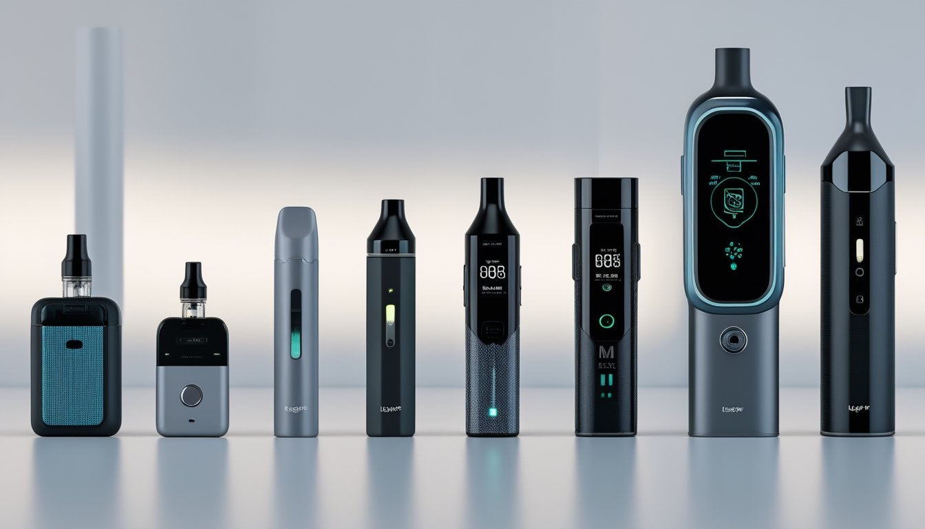 Deretan perangkat vape modern dari Pod Mini hingga sistem vape pintar dengan teknologi AI, ditampilkan secara berurutan di atas permukaan datar.