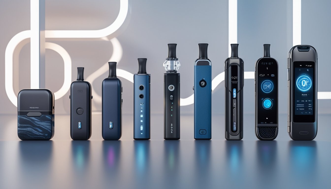 Berbagai perangkat vapor dari pod mini hingga sistem vape pintar AI yang ditampilkan berurutan di atas meja dengan latar belakang modern.