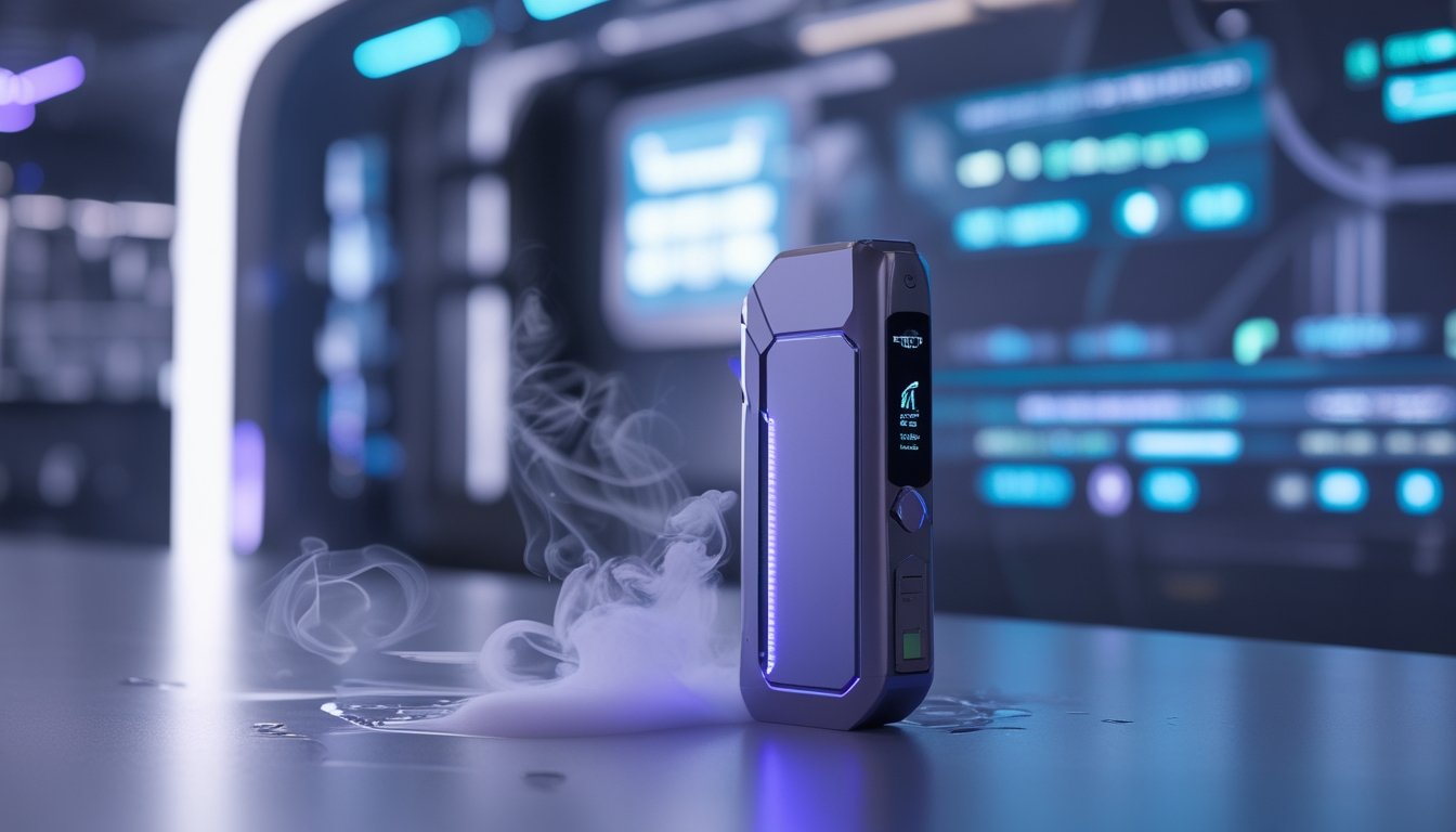 Sebuah perangkat vape modern dengan cahaya LED biru dan ungu, dikelilingi oleh uap tipis, dengan latar belakang teknologi tinggi yang kabur.
