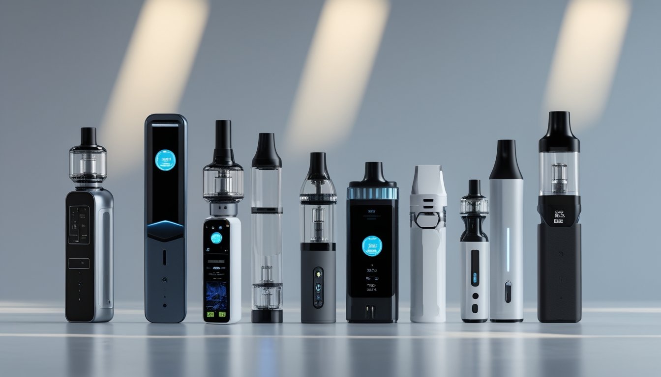 Beberapa perangkat vape modern dengan desain futuristik dan teknologi terbaru yang ditampilkan di atas permukaan bersih.