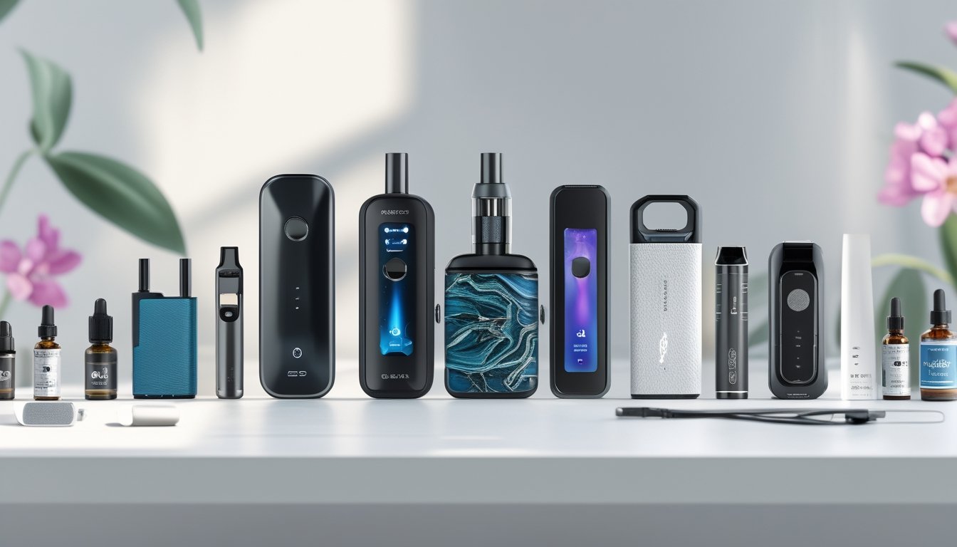Beberapa perangkat vape dengan berbagai jenis dan aksesorisnya diletakkan rapi di atas meja putih dengan pencahayaan alami.