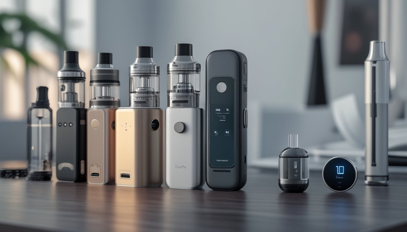 Berbagai perangkat vape modern dan klasik tersusun rapi di atas meja kayu, menunjukkan perkembangan teknologi vape.