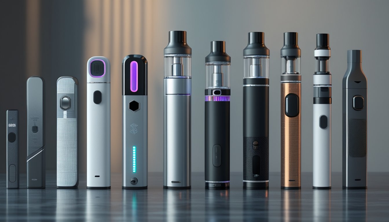 Berbagai perangkat vape modern dengan desain futuristik yang tersusun rapi di atas permukaan reflektif.