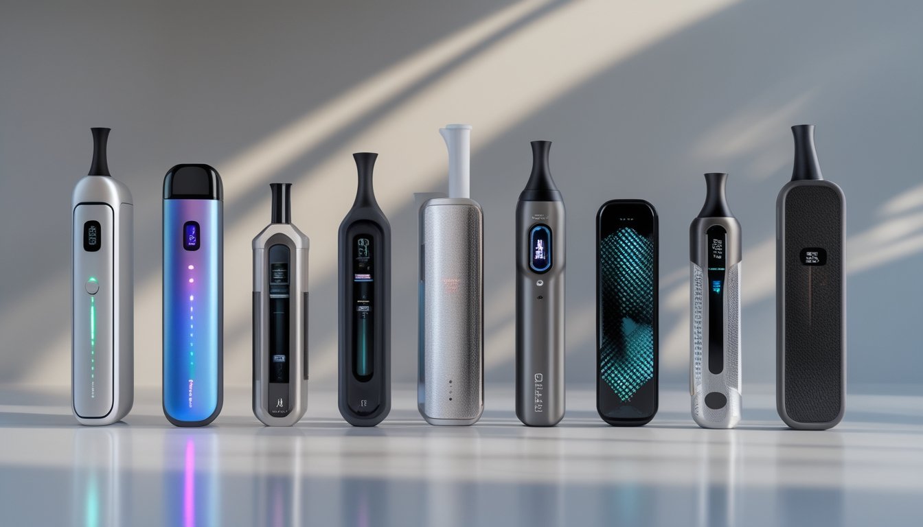 Berbagai perangkat vape modern tahun 2026 dengan desain futuristik ditampilkan di atas permukaan minimalis.
