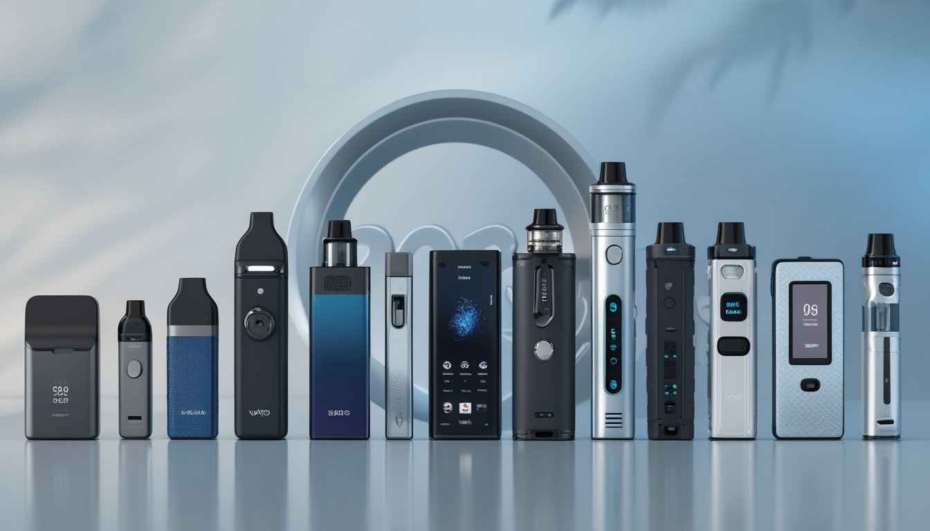 Berbagai perangkat vape modern dan canggih tahun 2026 tersusun rapi di atas permukaan reflektif dengan latar belakang buram berwarna biru dan perak.