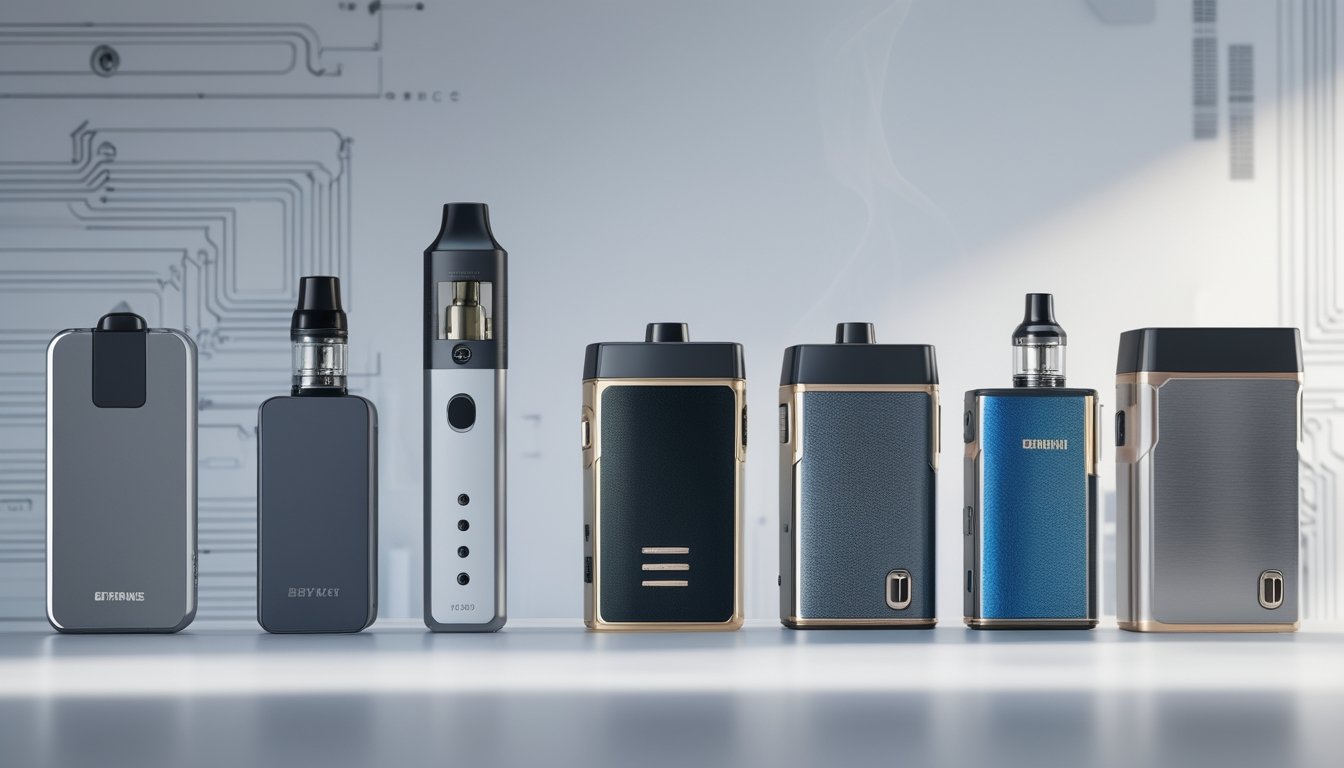 Berbagai perangkat vape modern dan canggih ditata rapi di atas permukaan putih dengan latar belakang teknologi futuristik.