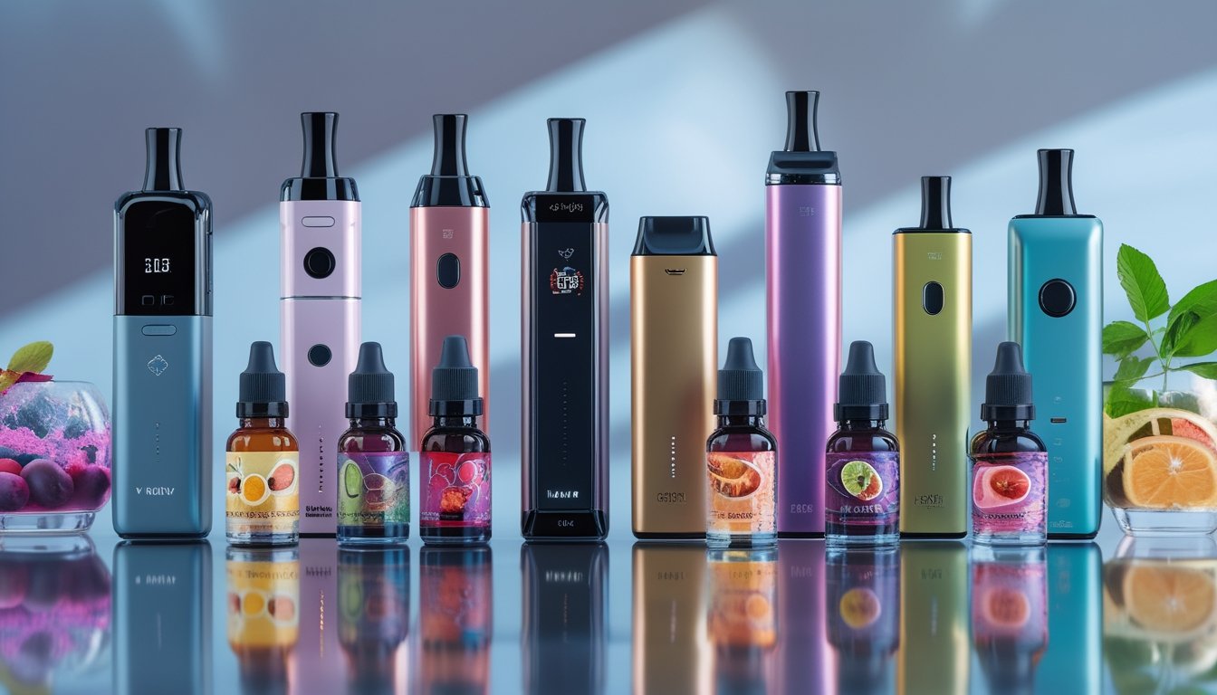 Berbagai perangkat vape modern dan botol e-liquid berwarna-warni yang tersusun rapi di atas permukaan reflektif.