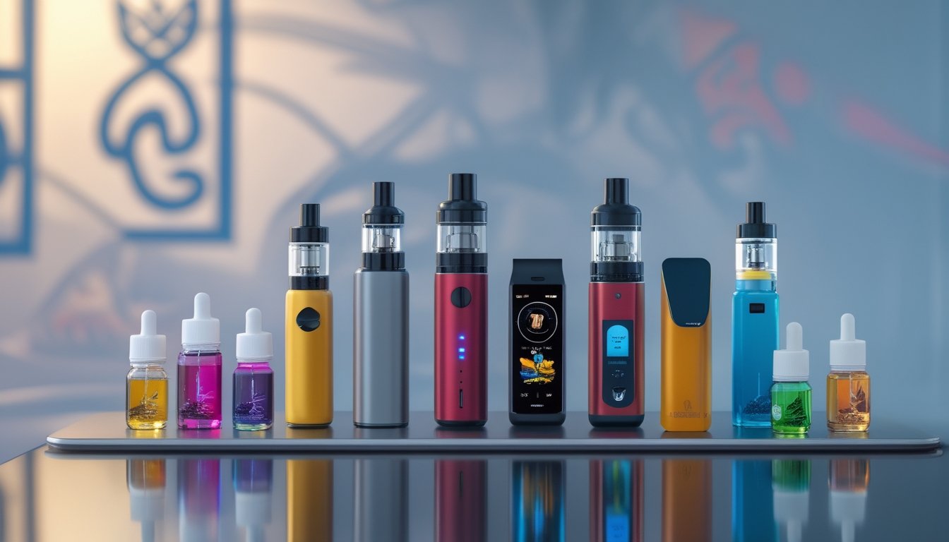 Berbagai perangkat vape modern dan botol cairan vape berwarna-warni yang dipajang di atas permukaan reflektif dengan latar belakang motif budaya Indonesia yang samar.