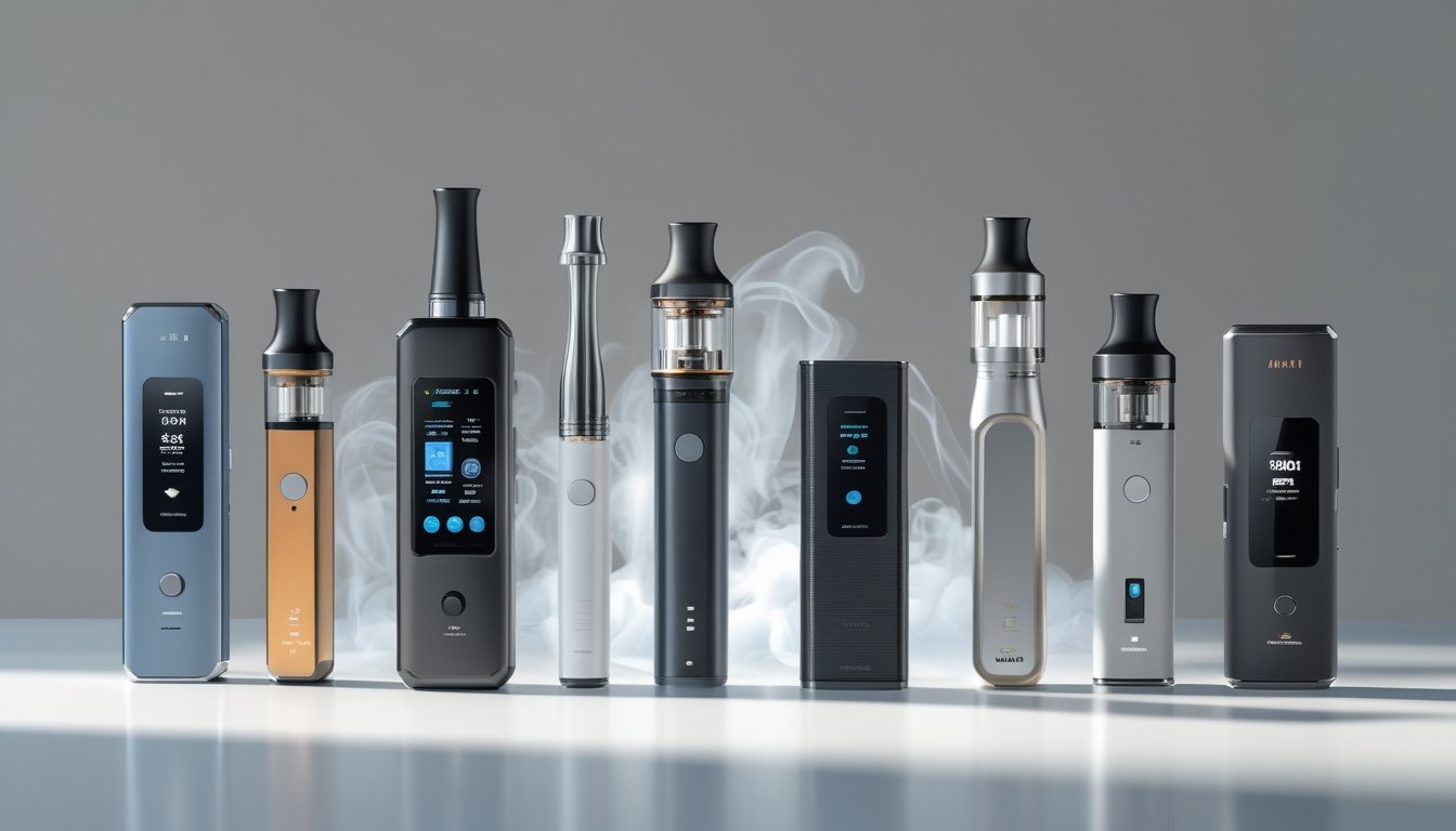 Berbagai perangkat vape modern dengan desain ramping dan layar digital tersusun rapi di atas permukaan bersih dengan latar belakang uap tipis.