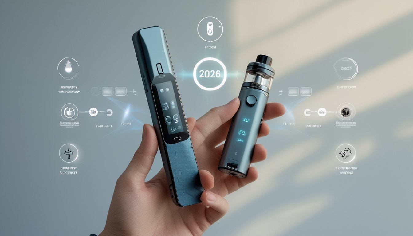 Perangkat vape modern dengan desain futuristik dipegang oleh seseorang, menampilkan fitur teknologi terbaru pada latar belakang minimalis.