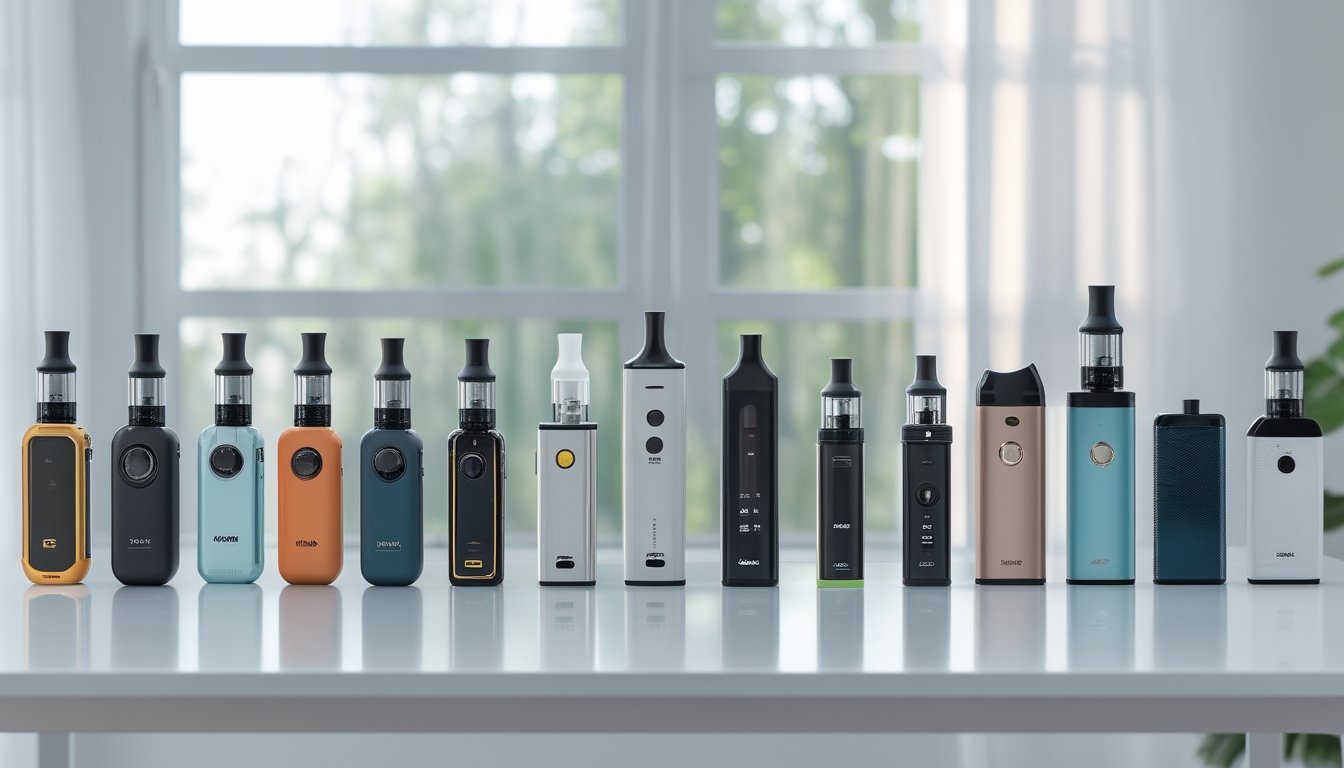 Berbagai perangkat vape berbeda disusun rapi di atas meja putih dengan pencahayaan alami yang lembut.