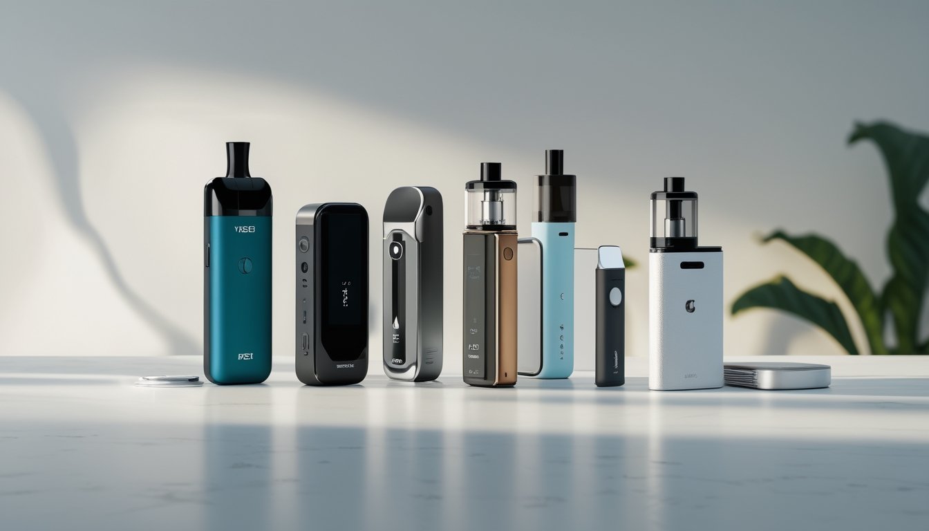 Berbagai jenis perangkat vape modern yang ditampilkan rapi di atas meja dengan latar belakang buram.