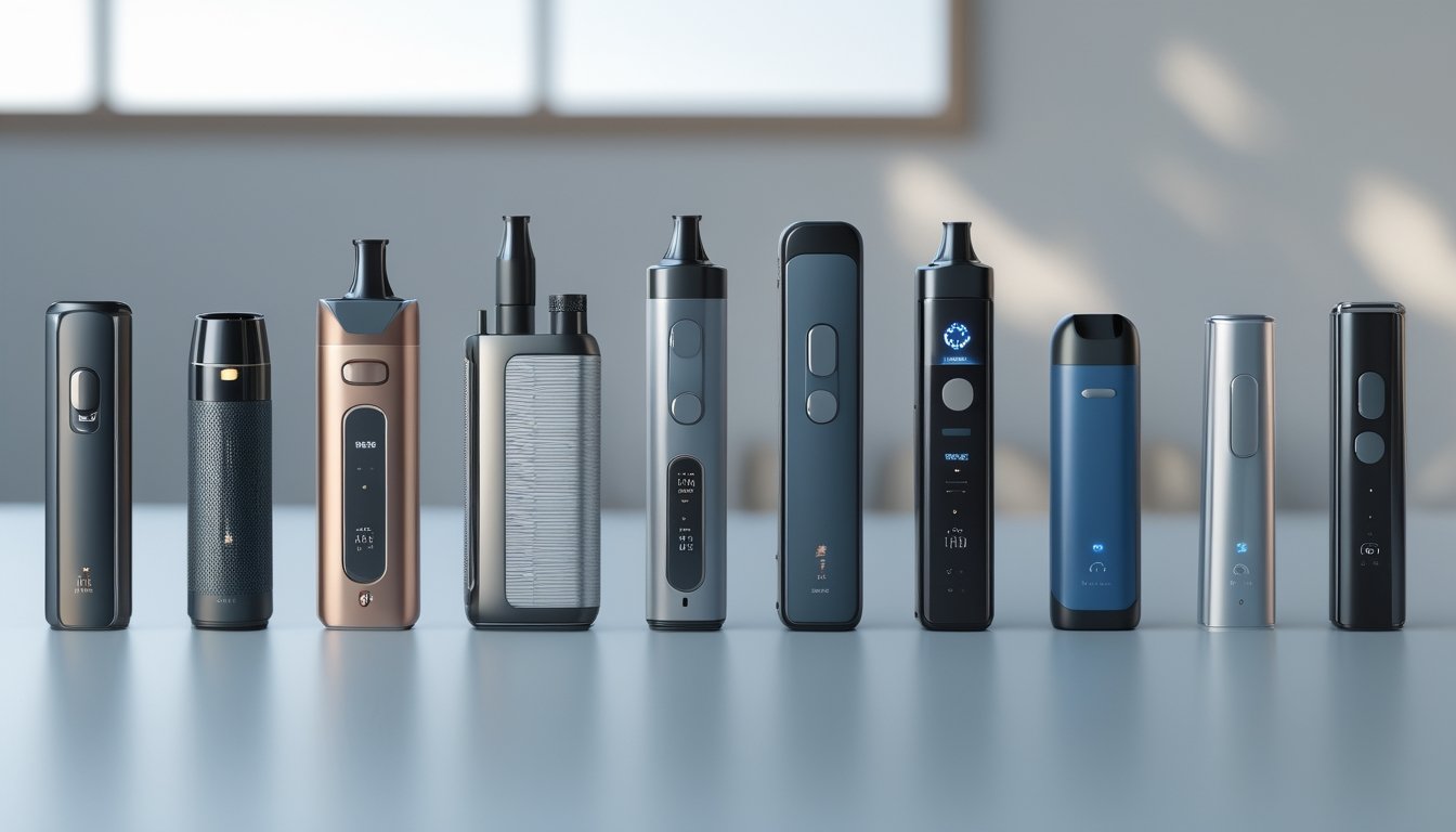 Berbagai perangkat vape modern dengan desain futuristik dan warna berbeda yang ditata rapi di atas permukaan putih.