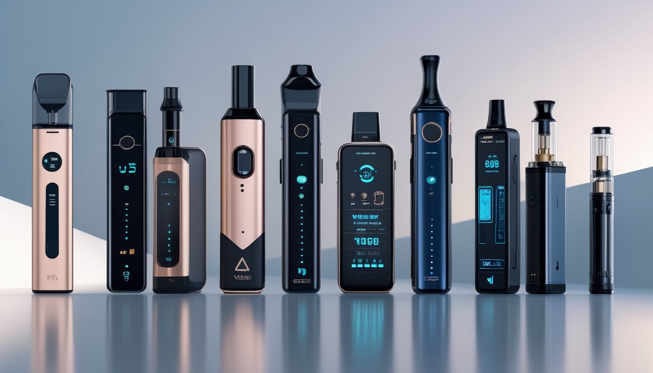 Berbagai perangkat vape modern dengan desain futuristik tersusun rapi di atas permukaan reflektif, menampilkan teknologi hemat daya dan fitur keamanan canggih.