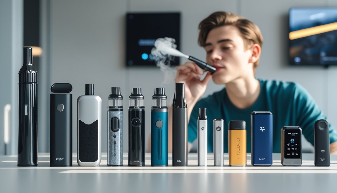 Beberapa perangkat vape modern dengan berbagai bentuk dan warna di atas meja, dengan seorang dewasa muda sedang menggunakan vape di latar belakang kota yang kontemporer.