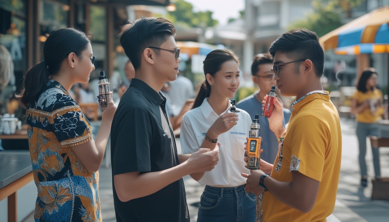 Sekelompok orang muda Indonesia menggunakan berbagai jenis vape di lingkungan perkotaan yang modern.