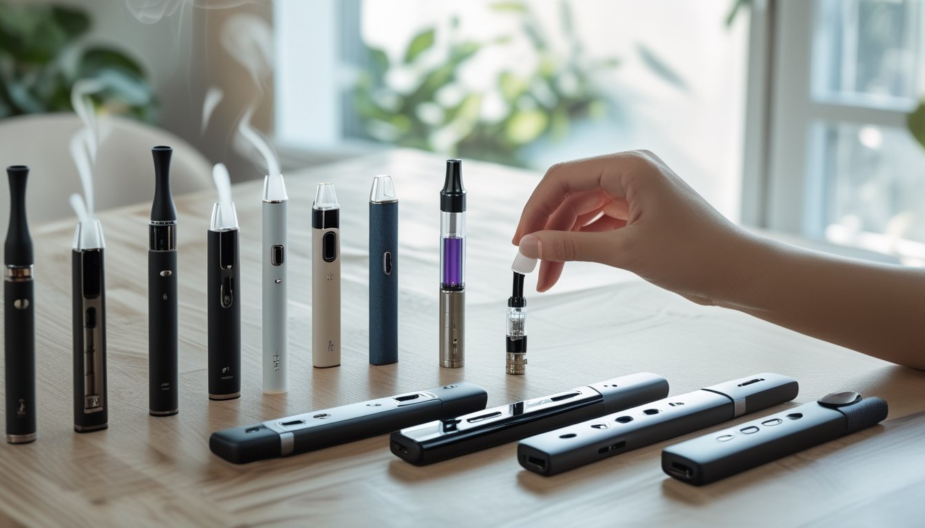 Meja dengan berbagai jenis perangkat vape dan tangan seseorang sedang memilih salah satunya.
