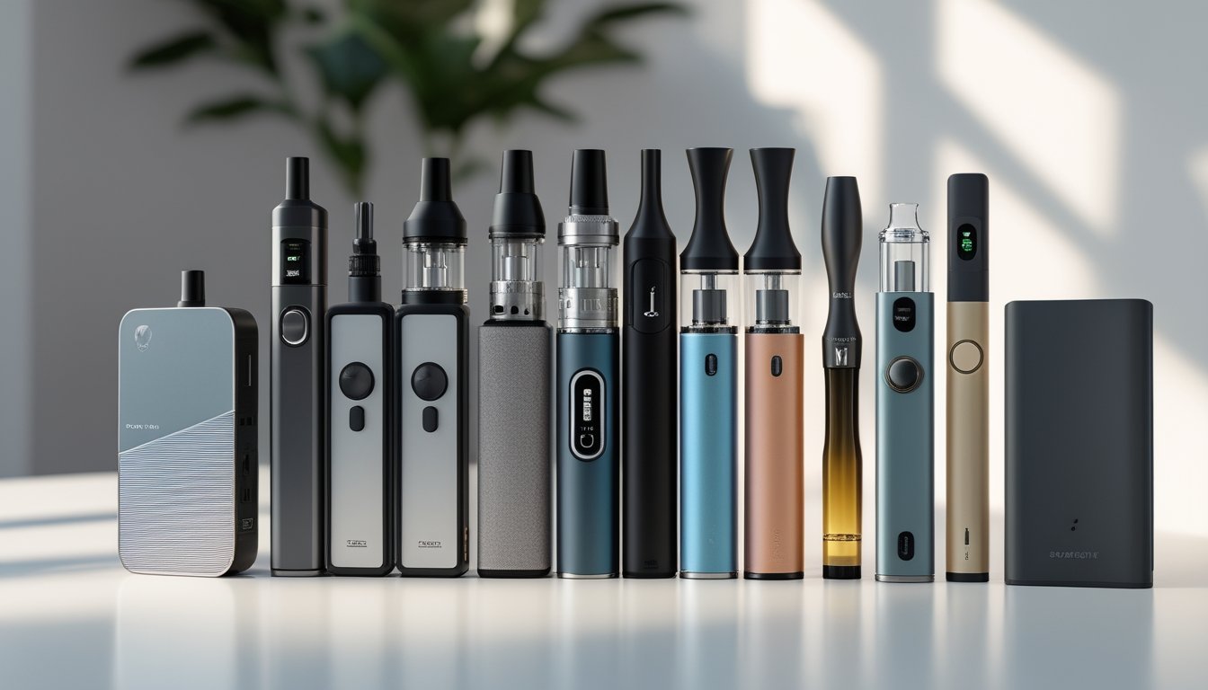 Berbagai jenis vape dengan bentuk dan ukuran berbeda yang tersusun rapi di atas permukaan putih.