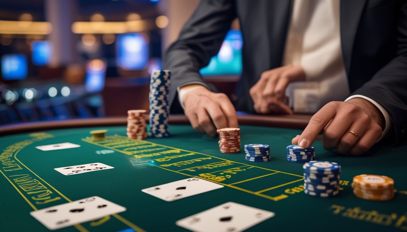 Meja kasino dengan kartu baccarat dan tumpukan chip, dealer sedang memasang taruhan di sisi meja.