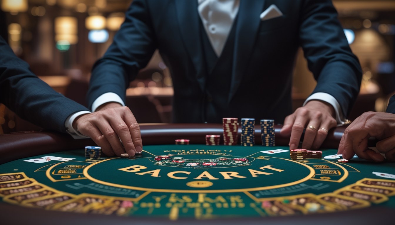 Meja permainan Baccarat di kasino dengan kartu dan chip, serta tangan pemain yang sedang memasang taruhan.