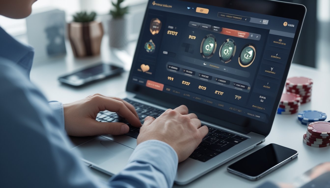 Tangan seseorang menggunakan laptop dengan permainan baccarat online di layar, di atas meja dengan kopi dan ponsel.