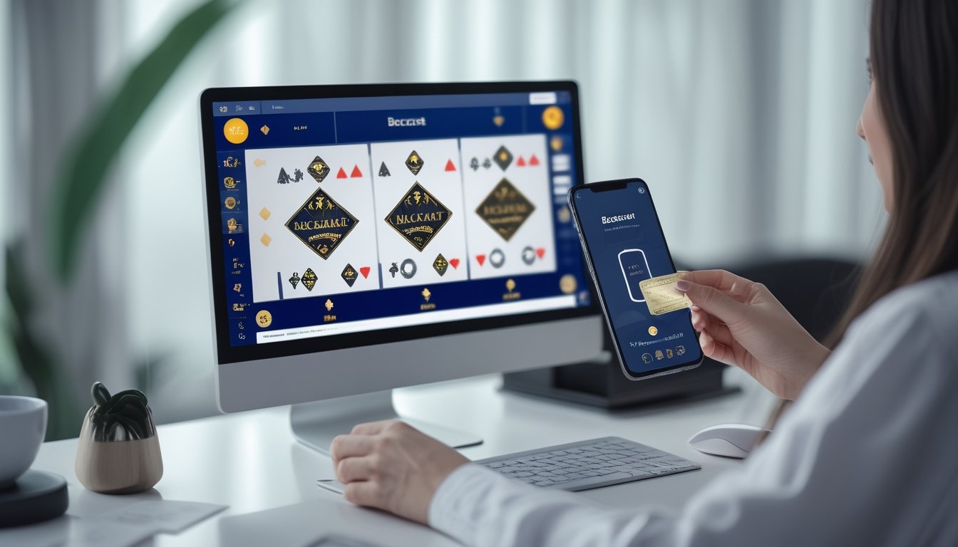 Seorang pengguna sedang mendaftar dan bermain baccarat online menggunakan komputer dan ponsel di meja kerja yang rapi.