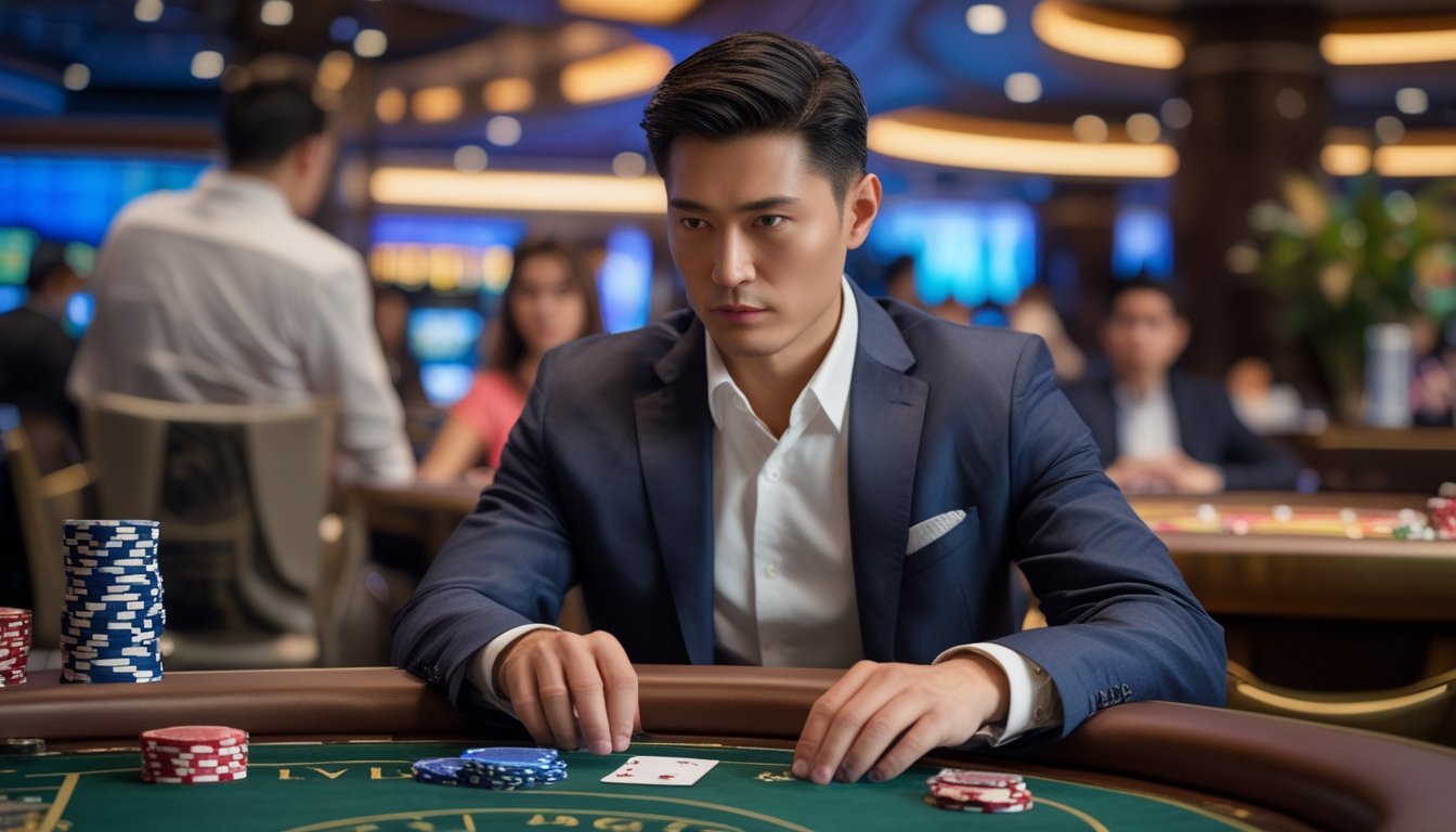 Seorang pria Asia duduk di meja baccarat di kasino, fokus merencanakan strategi dengan chip dan kartu di depannya.