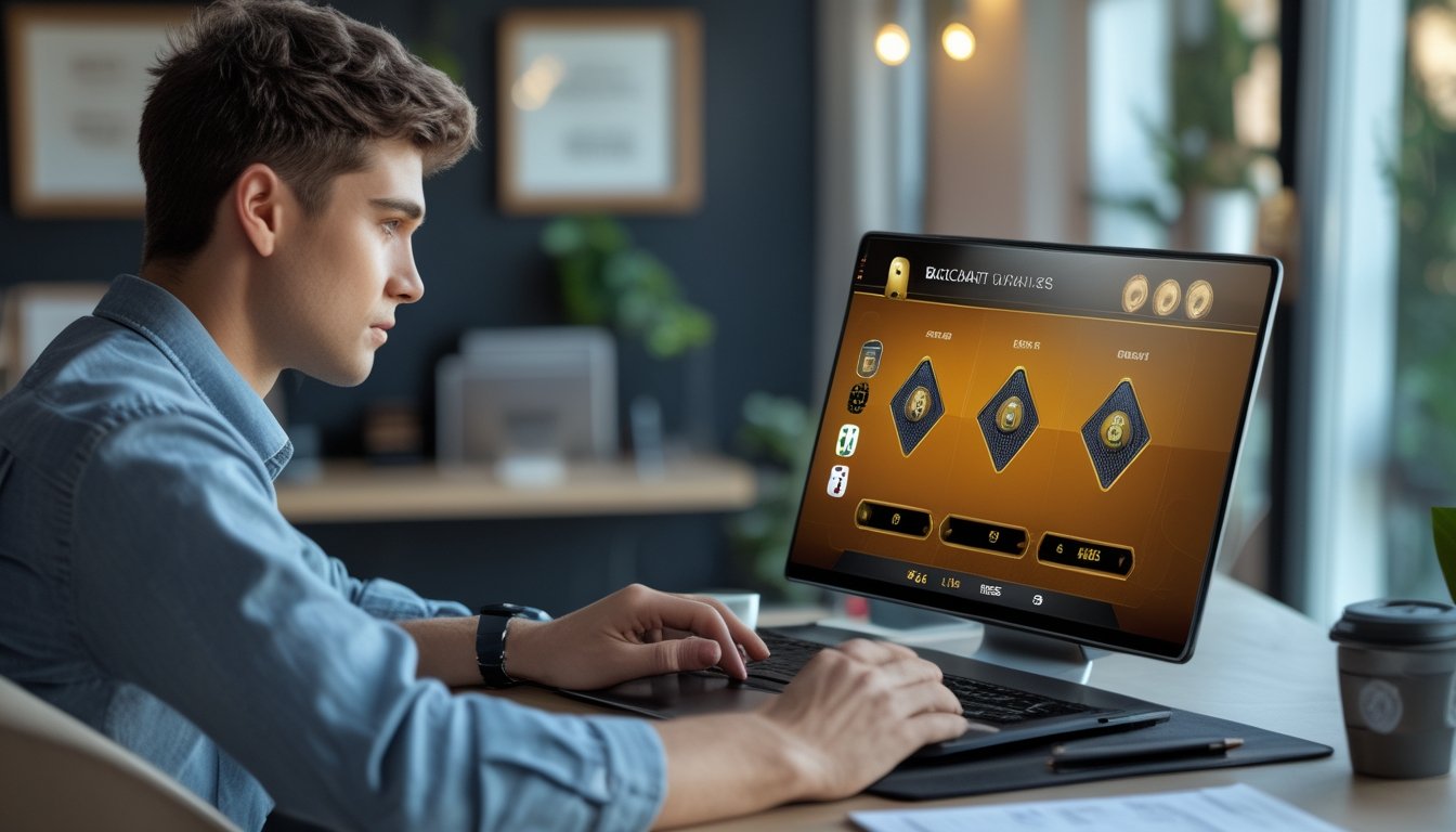 Seorang pria muda duduk di meja kerja dengan laptop yang menampilkan permainan baccarat online, terlihat fokus dan serius.