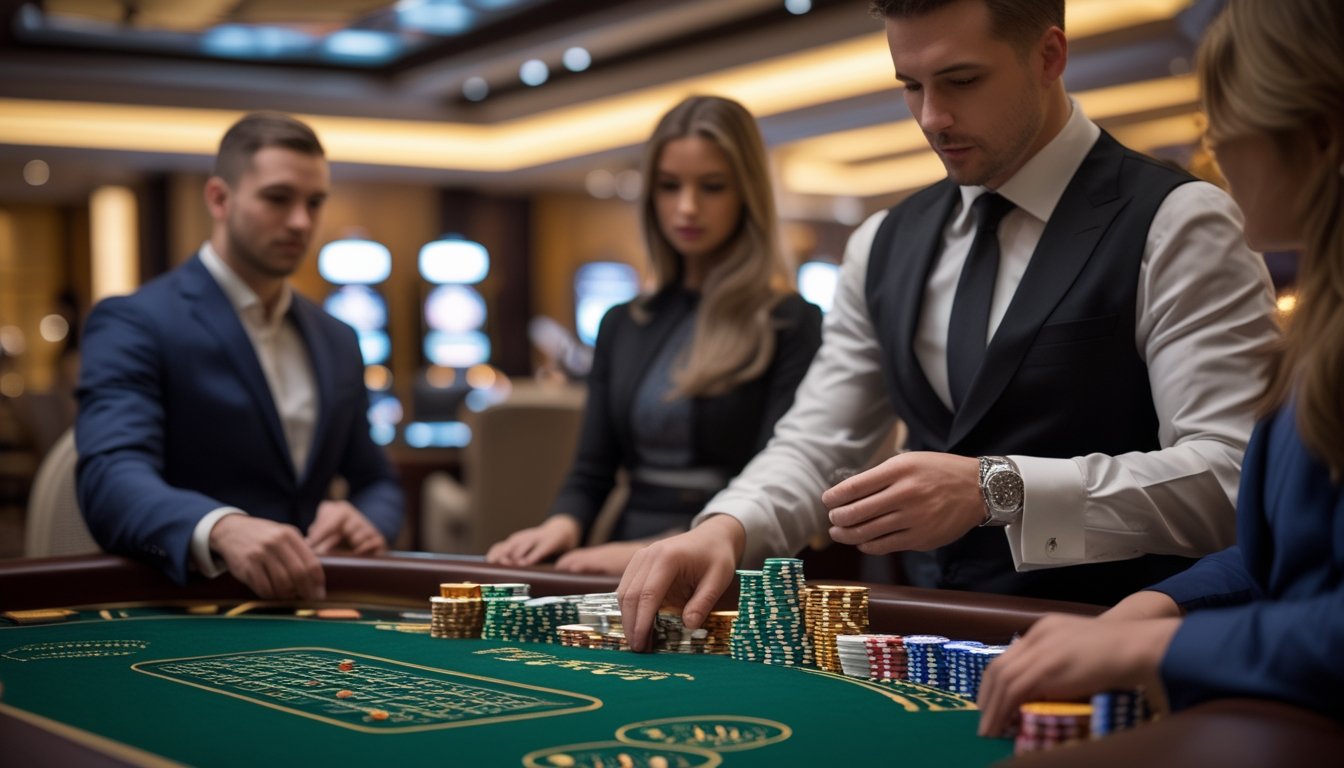 Meja baccarat dengan dealer dan pemain di kasino yang mewah dan terang.