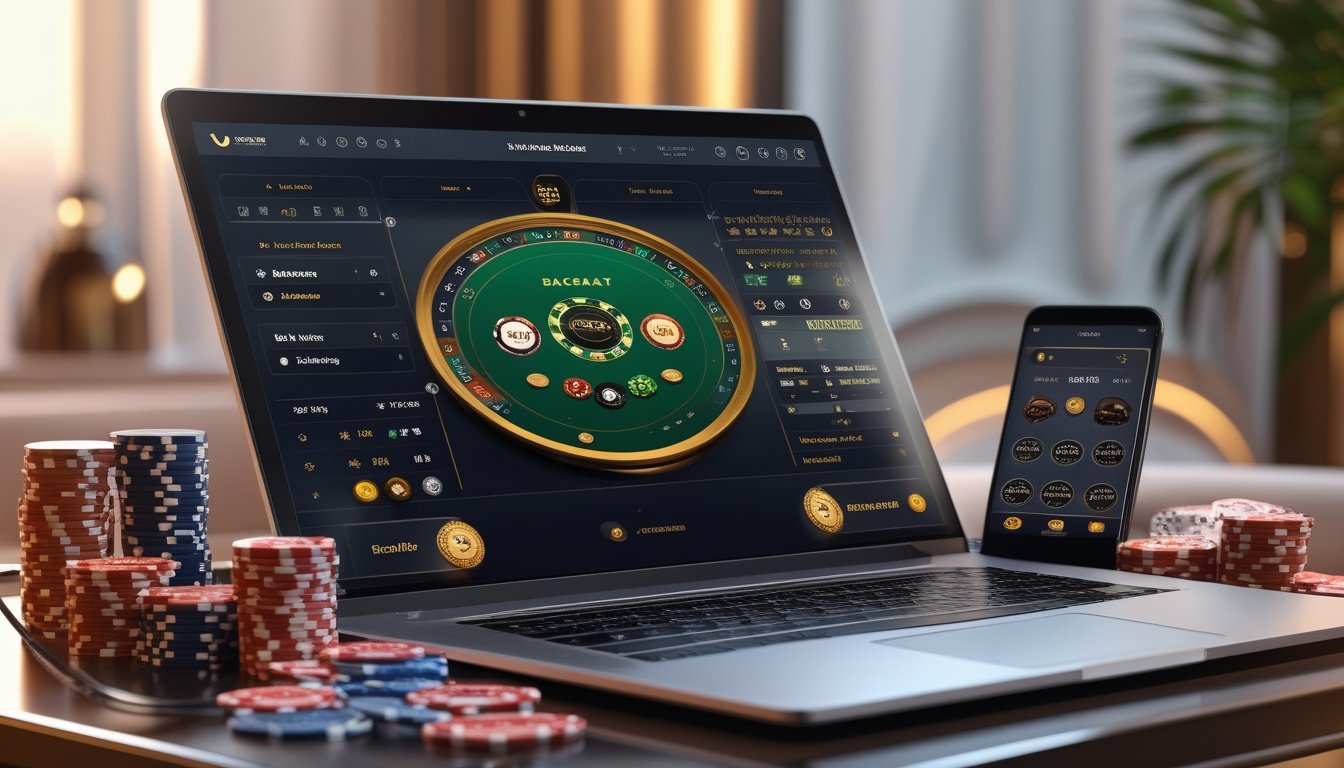 Sebuah laptop modern menampilkan permainan baccarat online dengan kartu dan chip poker di sekitarnya di meja yang rapi.
