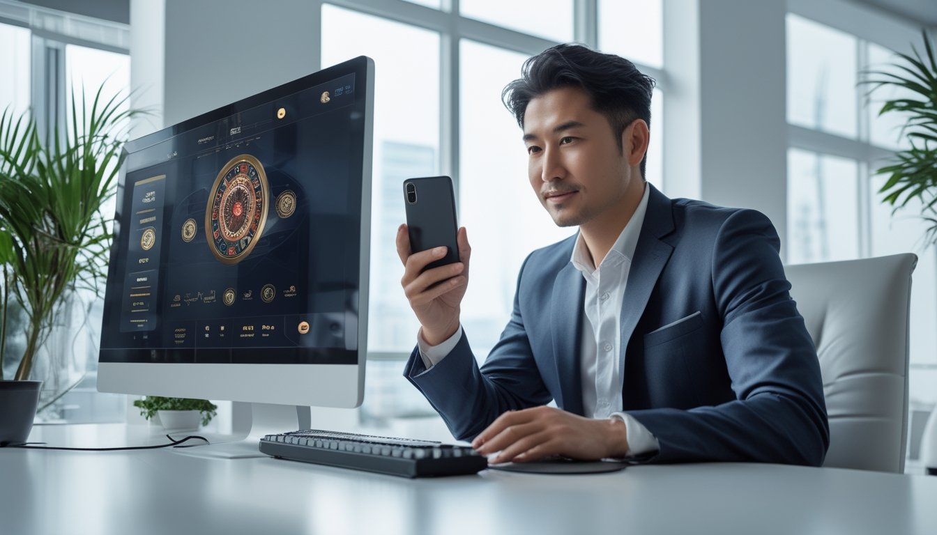 Seorang pria Asia duduk di meja kantor modern sambil menggunakan komputer dan ponsel, menunjukkan aktivitas taruhan baccarat online yang aman.