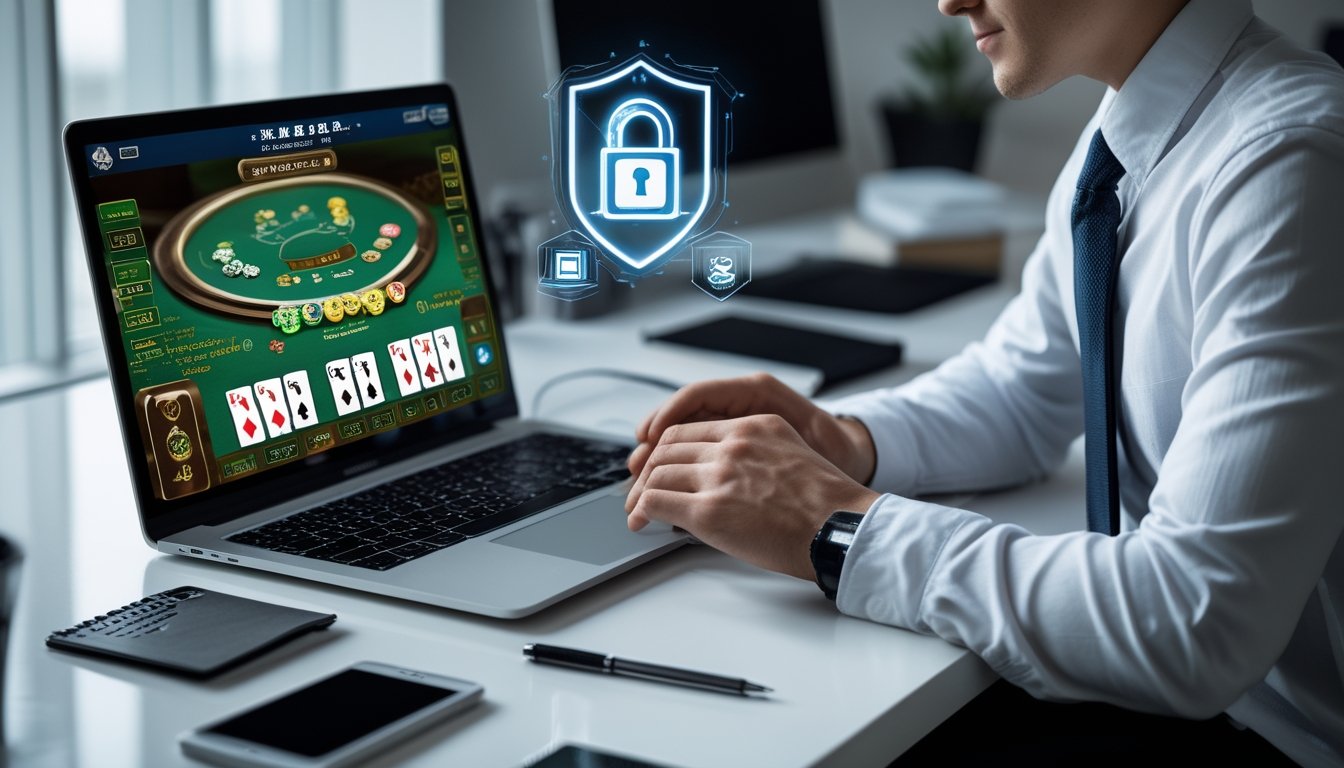 Seseorang menggunakan laptop di meja kerja yang rapi dengan tampilan permainan baccarat online dan simbol keamanan digital di latar belakang.
