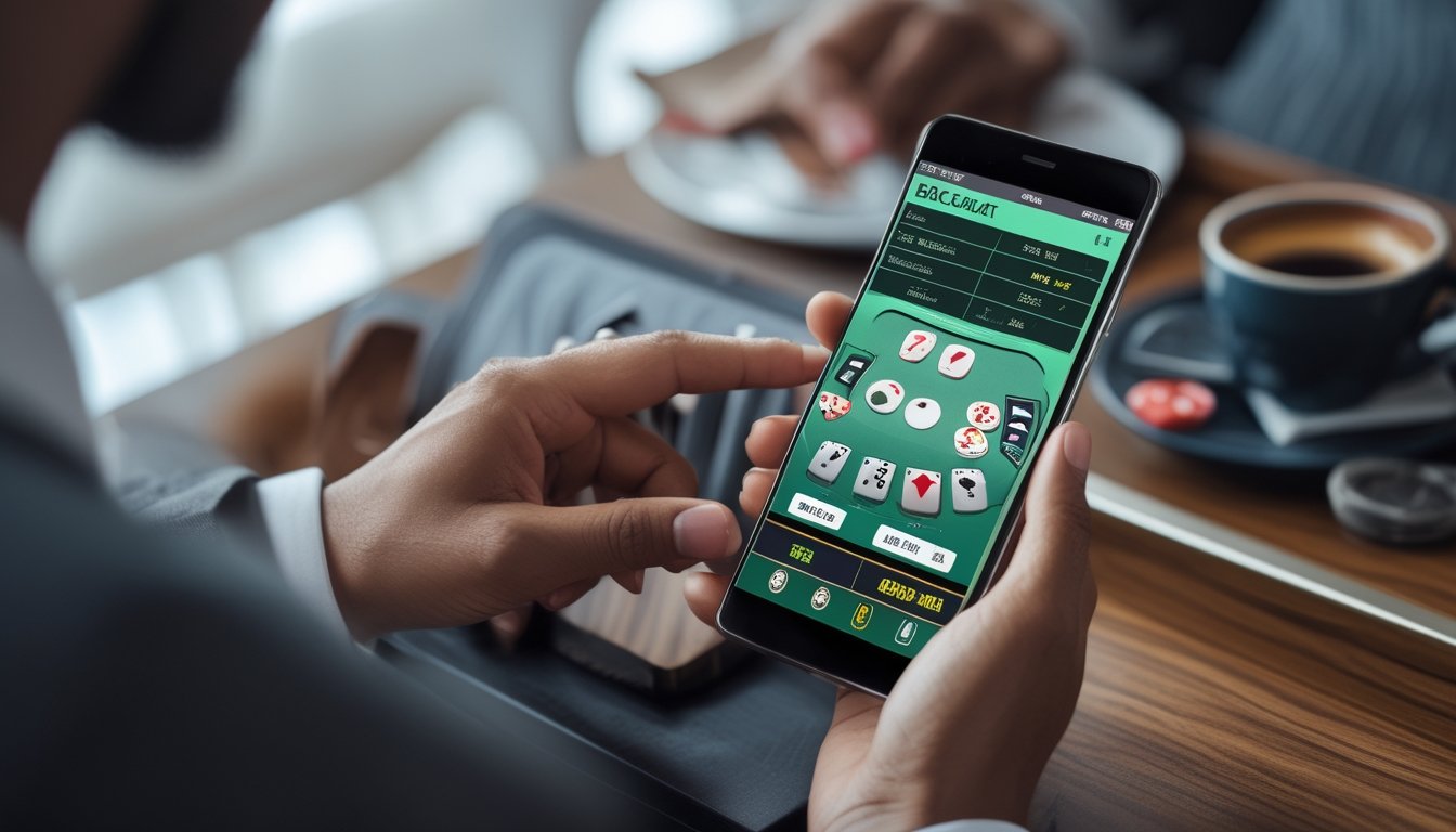 Seseorang memegang ponsel yang menampilkan permainan baccarat dengan opsi taruhan sampingan di layar, di atas meja kayu dengan secangkir kopi di samping.