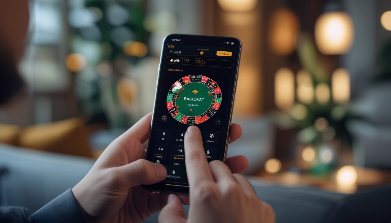Seseorang memegang ponsel dengan layar menampilkan permainan Baccarat yang sedang dimainkan di dalam ruangan yang nyaman.