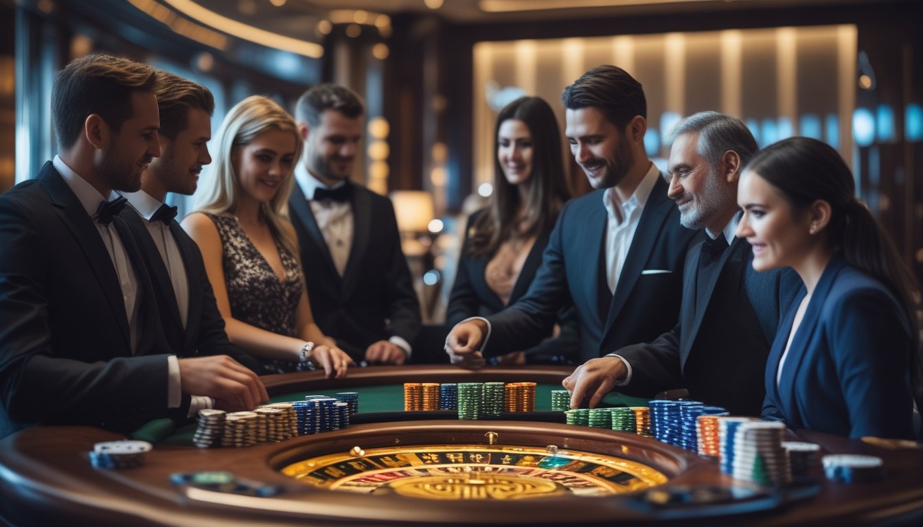 Suasana meja baccarat di kasino langsung dengan pemain dan dealer yang sedang bermain.