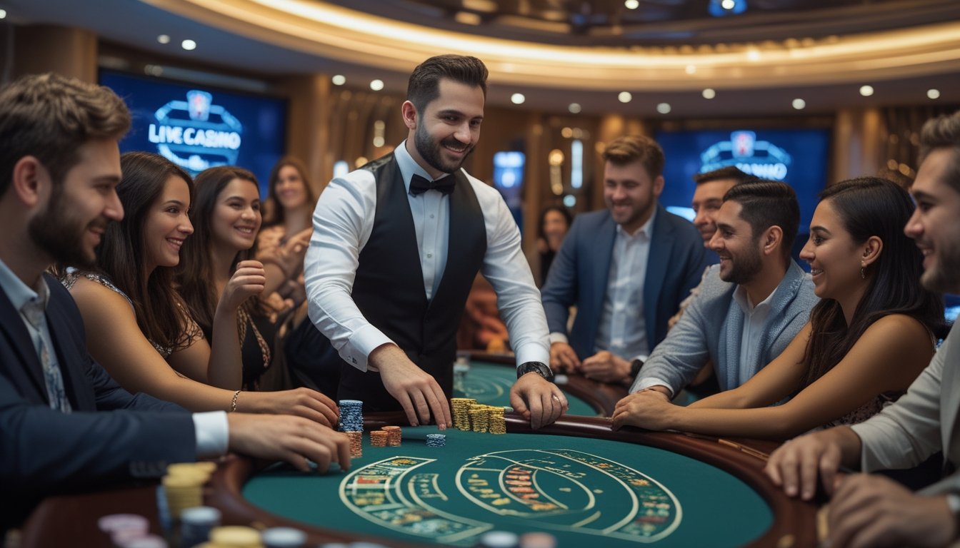 Seorang dealer dan beberapa pemain sedang bermain baccarat di meja kasino yang modern dan mewah.