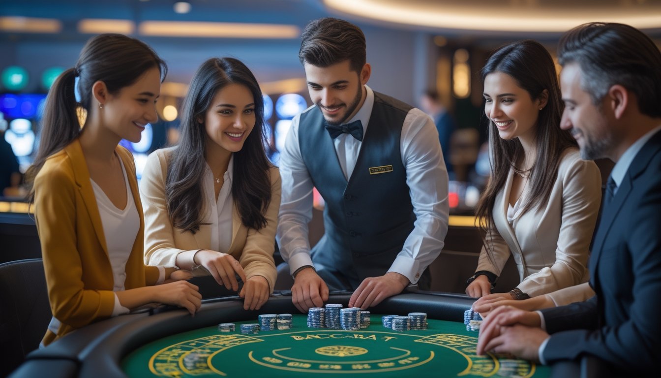 Orang-orang sedang belajar bermain baccarat di meja kasino dengan dealer profesional.