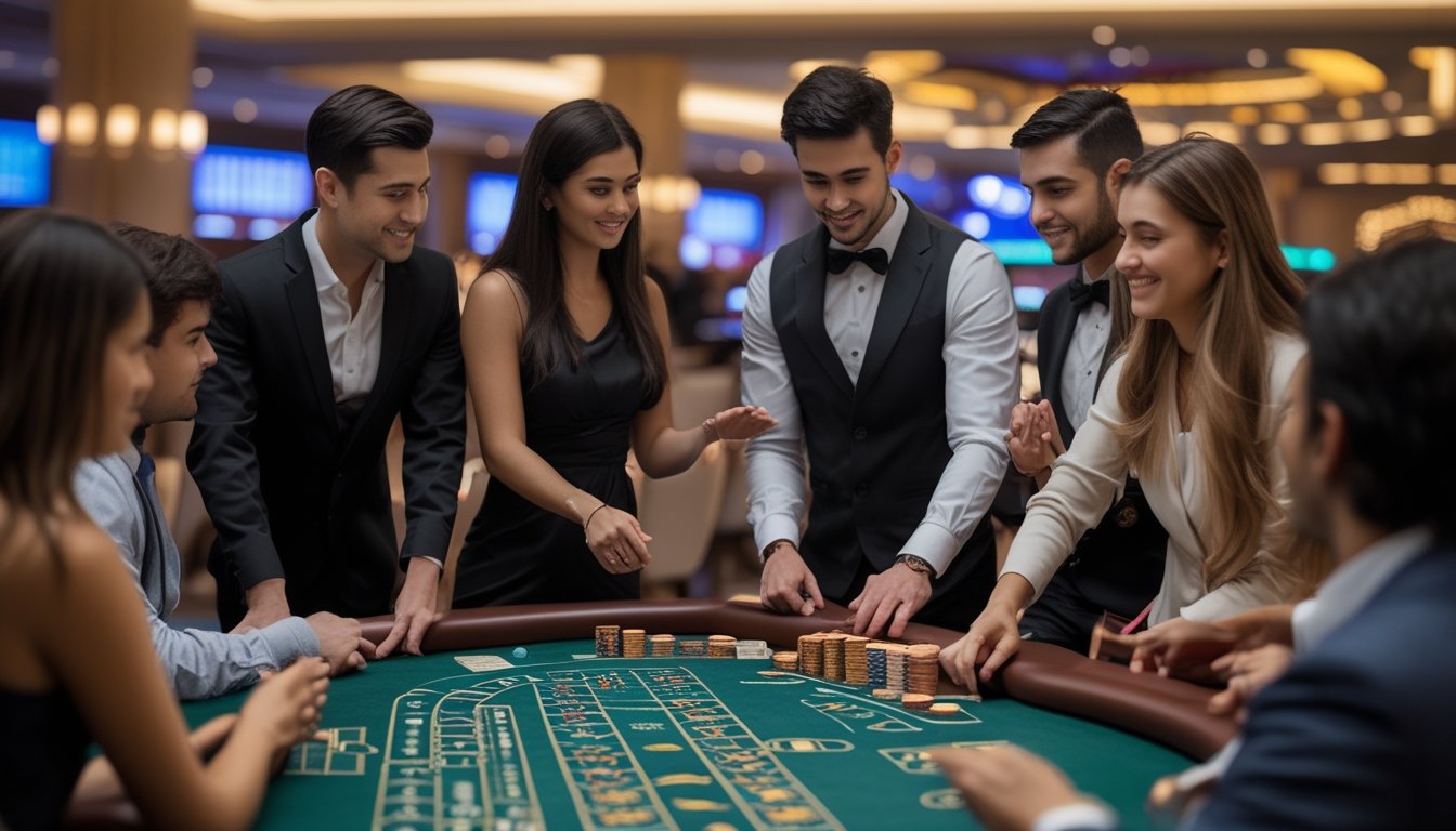 Beberapa orang sedang belajar bermain Baccarat di meja kasino dengan dealer profesional.