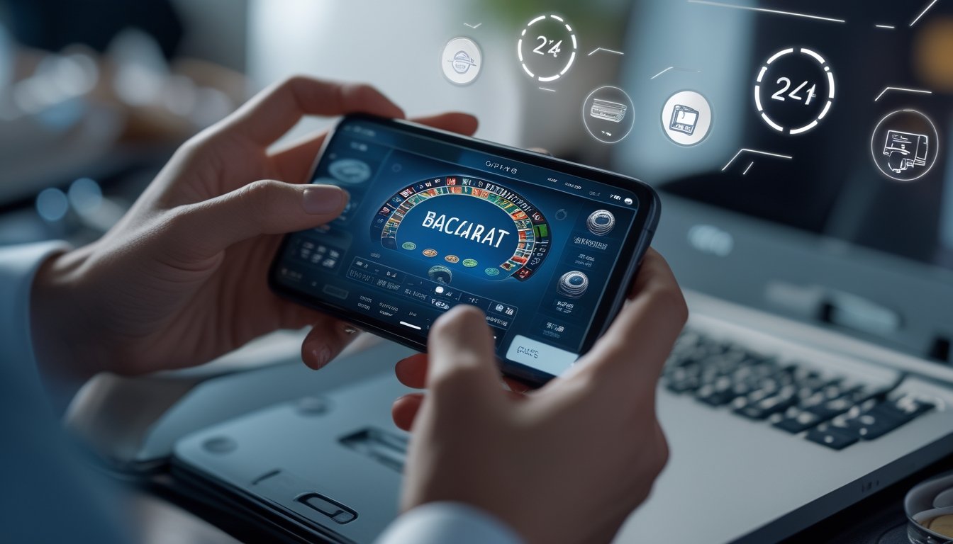 Tangan seseorang menggunakan ponsel dengan tampilan permainan baccarat dan ikon transaksi cepat di latar belakang.