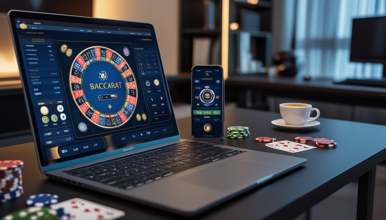 Seorang pemain menggunakan laptop dan ponsel untuk bermain baccarat online dengan chip dan kartu di meja.