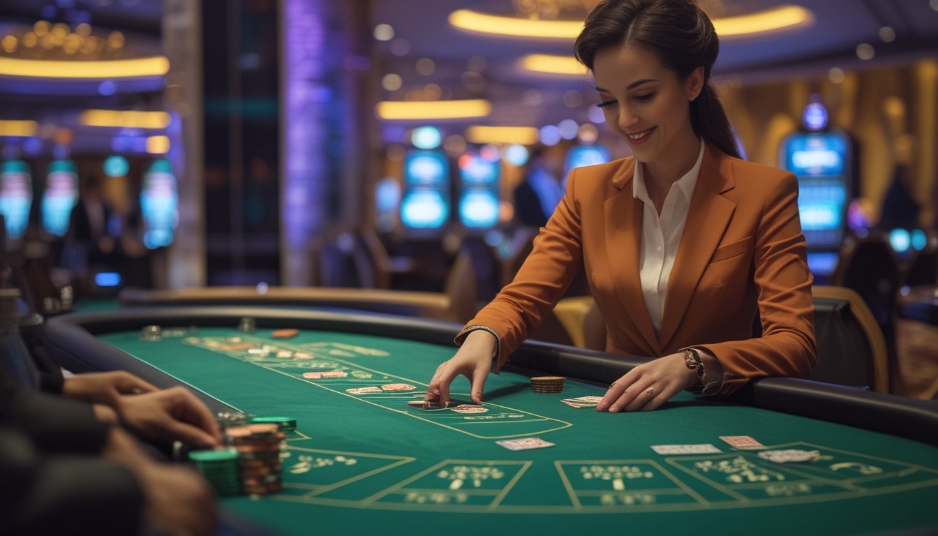 Seorang dealer wanita berpakaian rapi sedang membagikan kartu di meja baccarat di kasino yang mewah dengan suasana ramai.