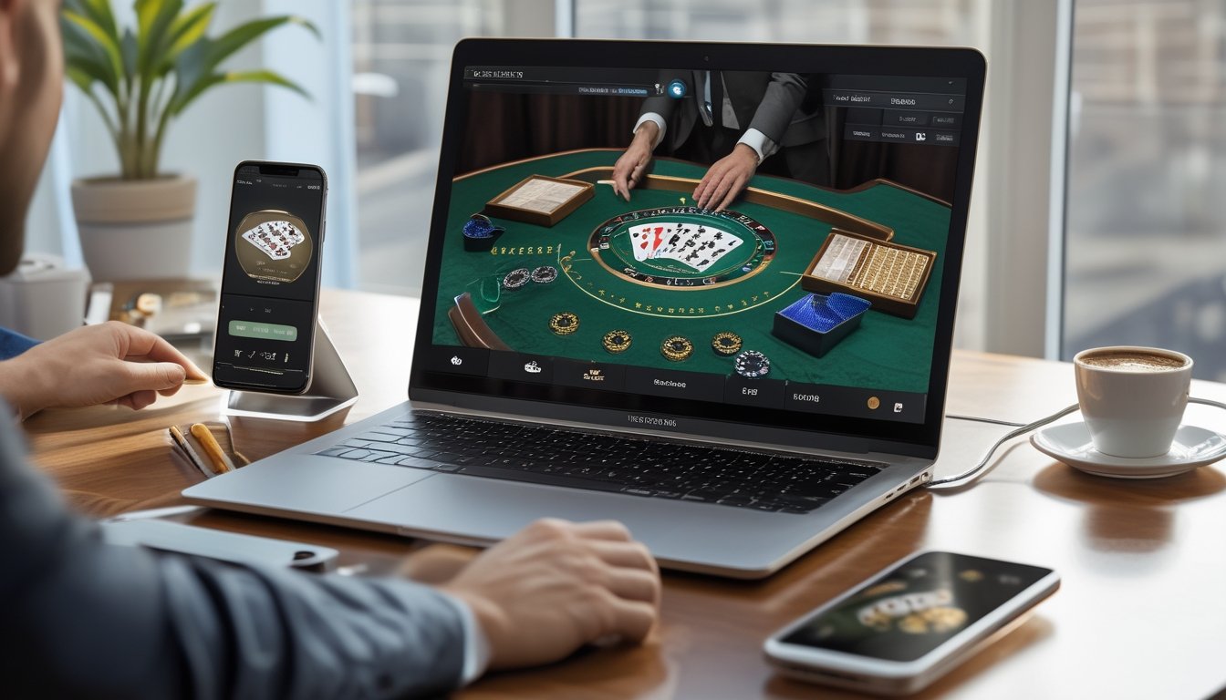 Seorang dealer baccarat live di layar komputer dengan kartu dan chip di meja virtual dalam ruang kerja yang rapi dan terang.