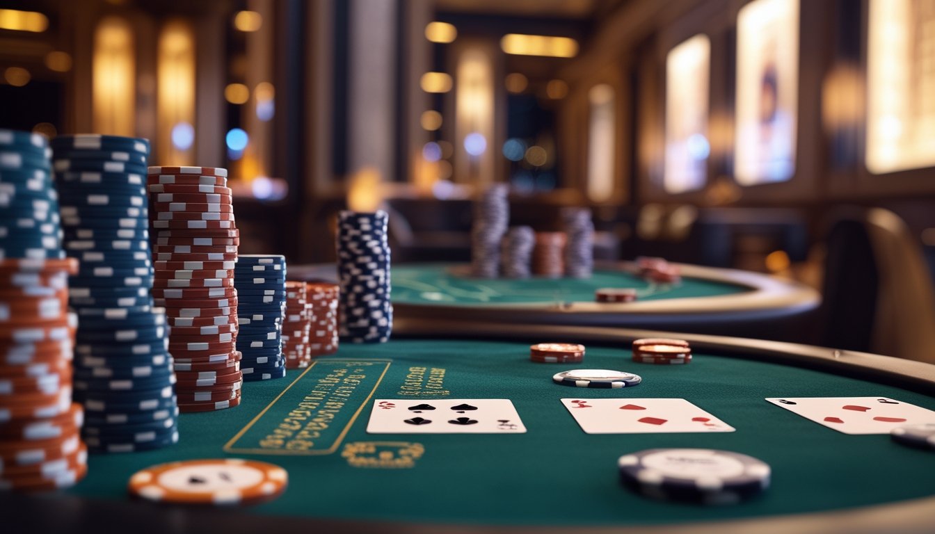 Meja poker di kasino modern dengan chip dan kartu tertata rapi, suasana hangat dan ramai di latar belakang.