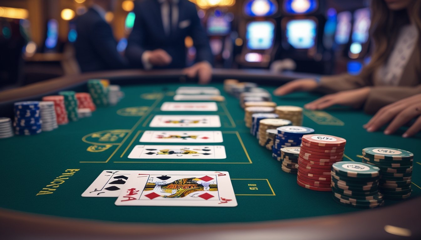 Meja kasino dengan kartu poker dan chip warna-warni, dikelilingi suasana kasino yang mewah dan beberapa pemain yang sedang bermain.