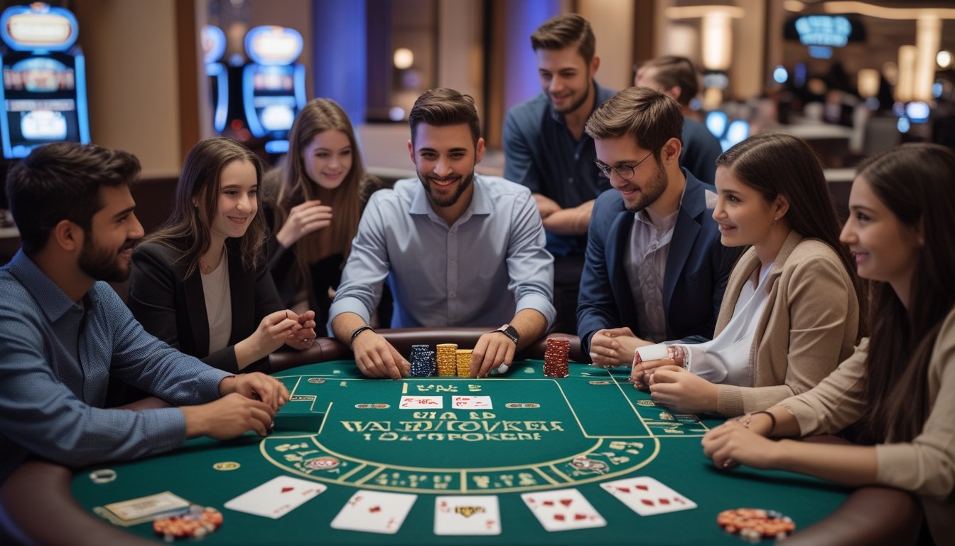 Sekelompok orang belajar bermain Casino War Poker di meja poker dengan dealer di kasino yang terang dan ramah.